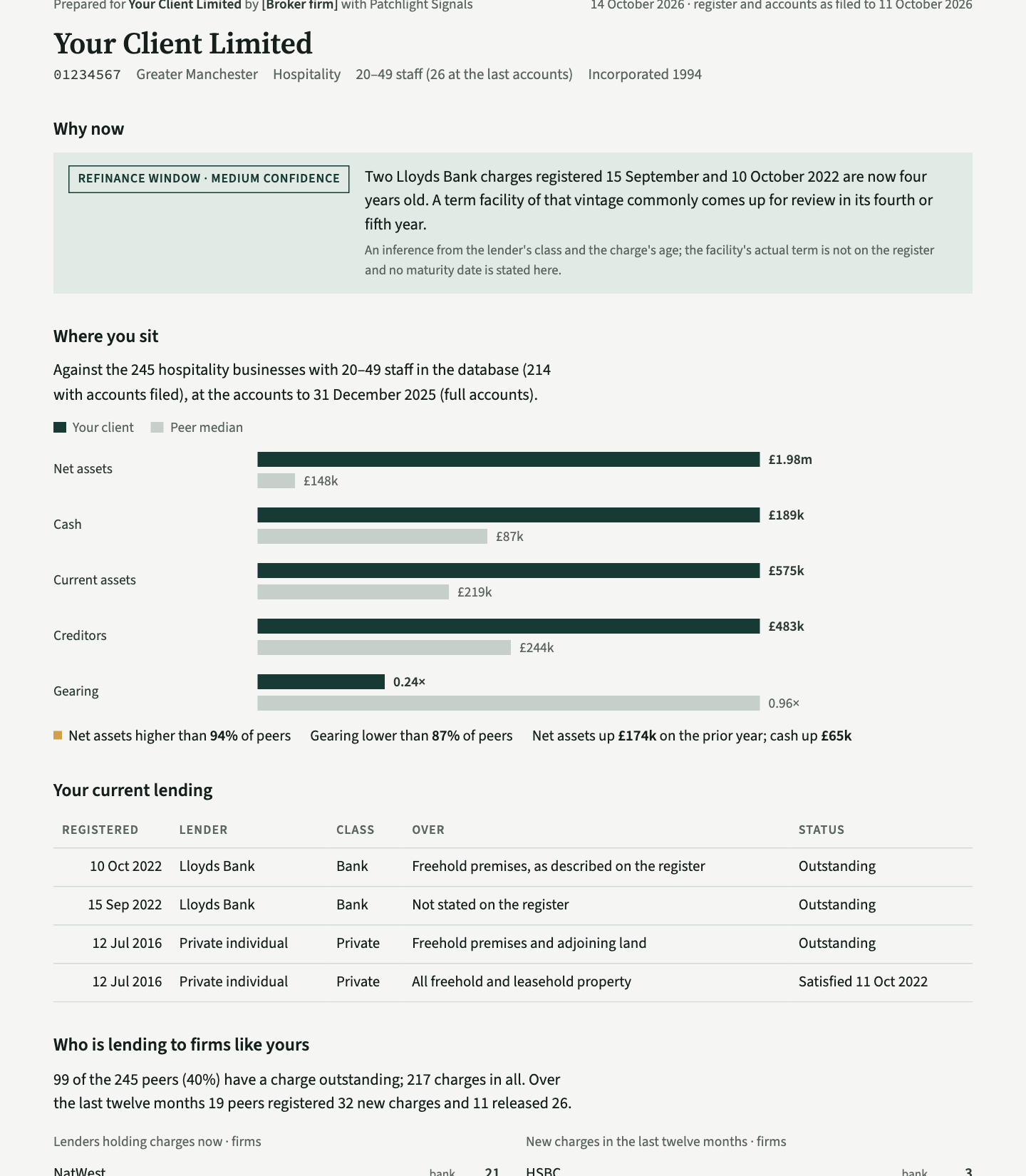 The first page of a Patchlight borrower pack: the firm's accounts over five years, its charges and lenders, and its peers in the area